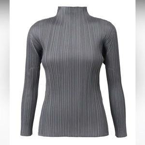 ISSEY MIYAKE Pleats Please Gray Basic Mock Neck Long Sleeve Top